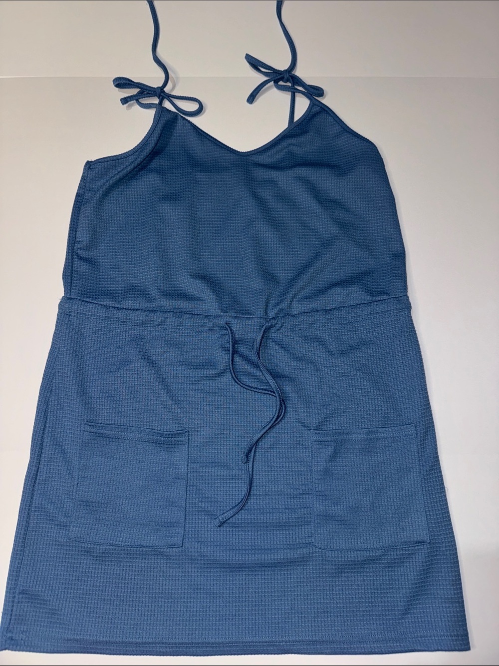Blue Spaghetti Strap Drawstring Pocket Sundress